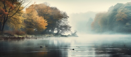 River bank with vintage autumn wood water covered in fog Copy space image Place for adding text or design