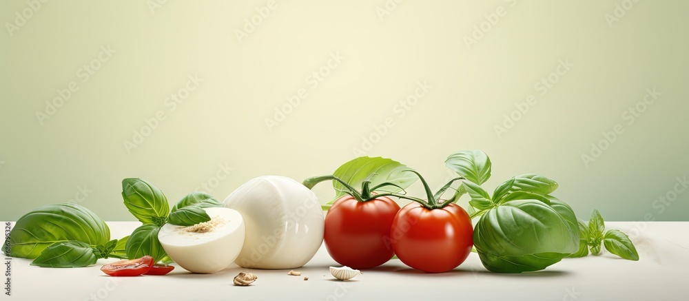 Poster Isolated mozzarella tomato and basil Copy space image Place for adding text or design