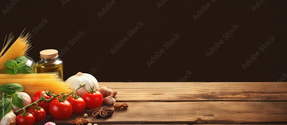 Poster Italian ingredients on wood background Copy space image Place for adding text or design