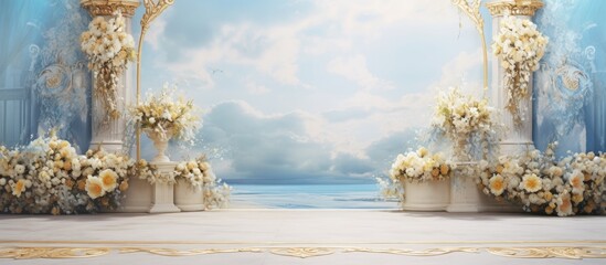 Heavenly garden painting with gold and blue wedding setup Copy space image Place for adding text or design