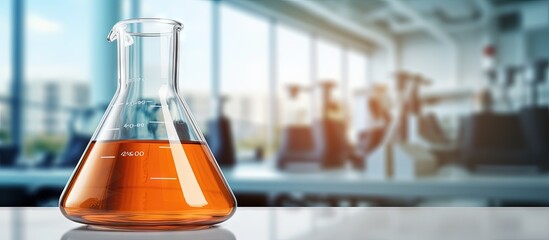 Orange solution in a conical flask found in a science lab at a school or university Copy space...