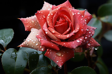 Dewy Elegance: Red Rose Sparkles with Raindrops, Nature's Jewels on Petal Canvas - Generative AI
