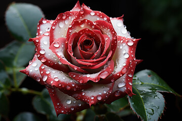 Scarlet Symphony: Red Rose Dances in the Rain, Adorned with Nature's Sparkling Tears - Generative AI