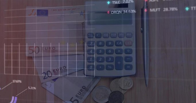Animation of financial data processing over money and calculator