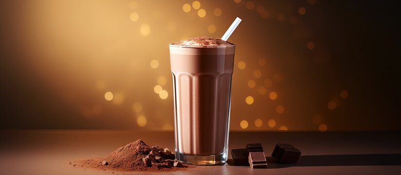 Protein powder mixed into healthy chocolate shake with straw Copy space image Place for adding text or design
