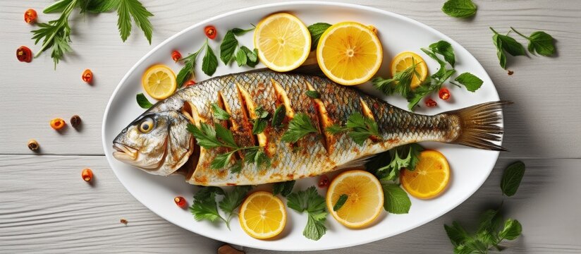 Grilled dorado fish with citrus spices herbs spinach on a white platter viewed from above on a wooden table Copy space image Place for adding text or design
