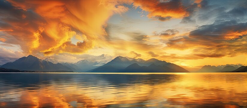 Golden clouds mirror in the water during a vibrant sunset on Lake Geneva in Switzerland Copy space image Place for adding text or design