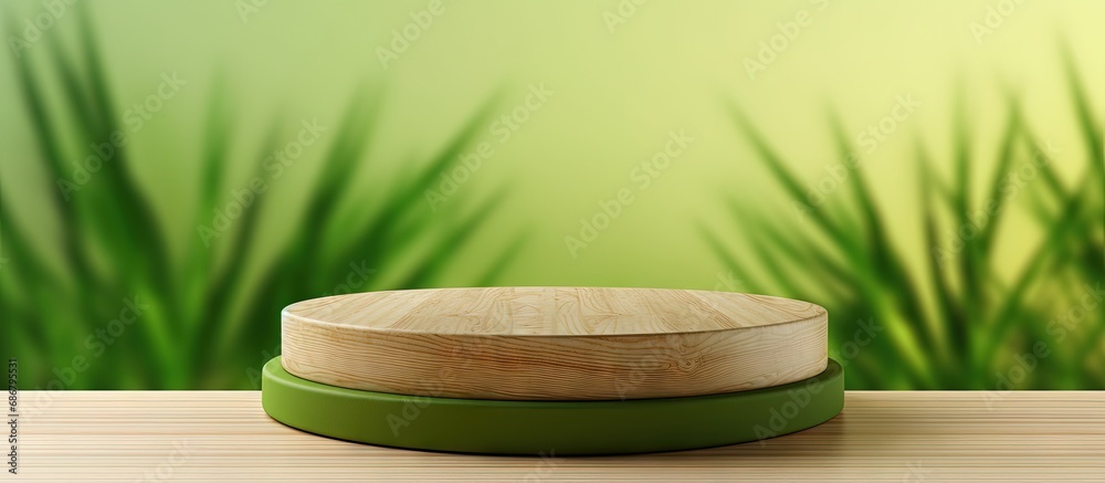Poster green room with wooden podium for product display featuring nature and organic cosmetic and food con