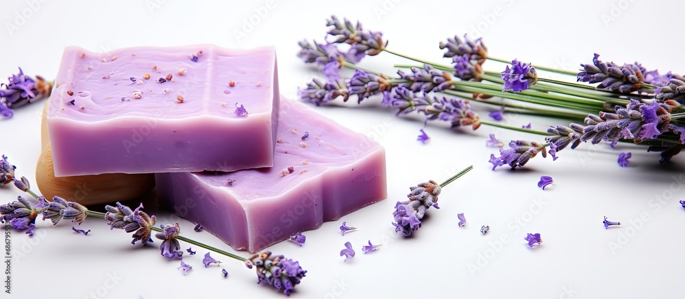 Aufkleber Handcrafted lavender soap on white background for spa and aromatherapy Copy space image Place for adding text or design