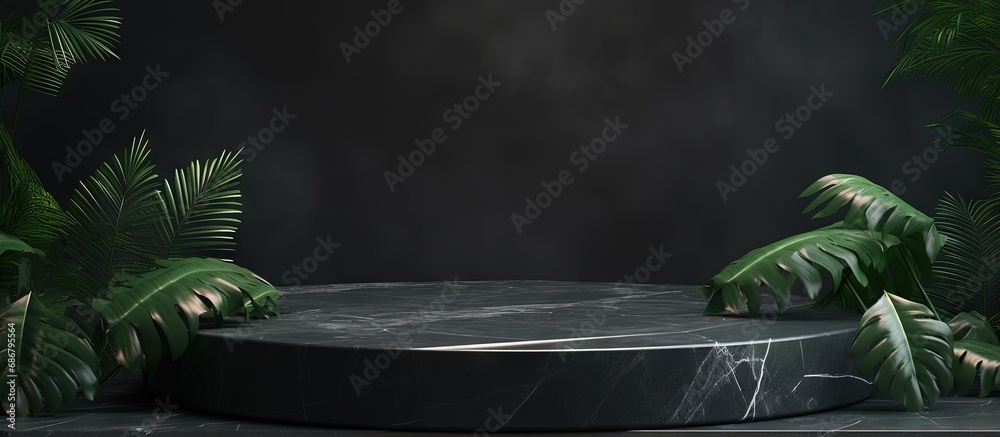Aufkleber luxurious marble podium with forest green leaves on dark background for promotion or presentation bl