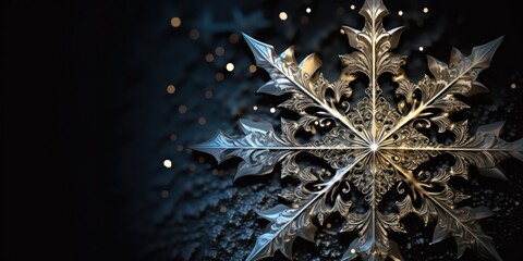 A macro illustration of a beautiful crystal snowflake with many details on a snowy Christmas night