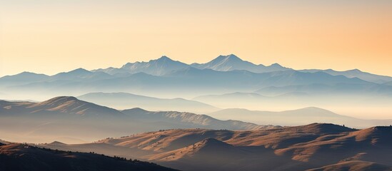 Morning view of Sierra de Gredos from Hoyos del Espino Avila Spain The peaks of Gredos formation with Almanzor peak standing out Copy space image Place for adding text or design - obrazy, fototapety, plakaty