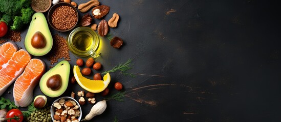 Omega 3 fatty acid rich food promoting a healthy diet Copy space image Place for adding text or design - obrazy, fototapety, plakaty
