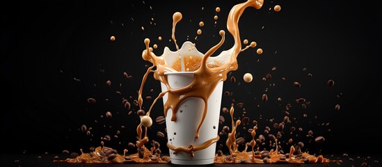 Hot takeaway espresso morning coffee in a paper cup with a splash Fragrant to go drink with falling coffee beans on a black background 3D banner Copy space image Place for adding text or design