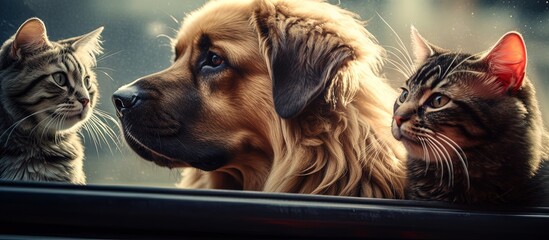 Mixed breed dogs and a cat observing a red car through a window Copy space image Place for adding...