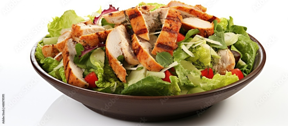 Poster Grilled chicken with fresh greens and croutons Copy space image Place for adding text or design