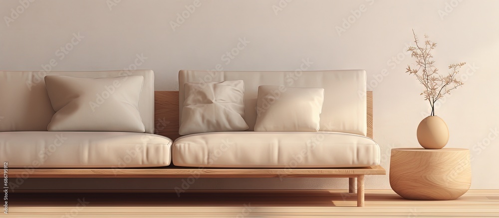 Poster minimal wooden table with accessories in a cozy minimalist living room 3d illustration copy space im