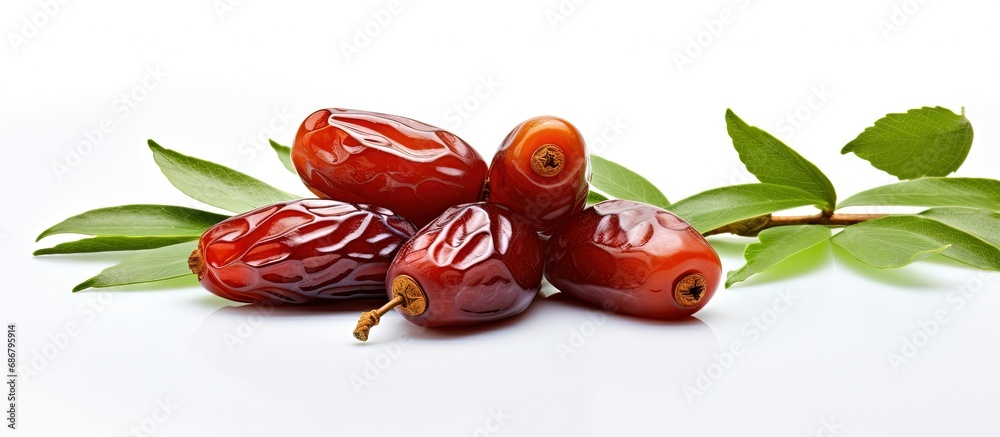 Aufkleber Ramadan symbolized by dates fruit with olive leaves on white background Copy space image Place for adding text or design