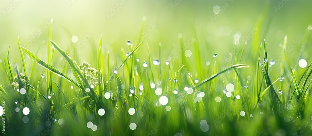 Poster Gorgeous close up photo of fresh green grass dew and nature Copy space image Place for adding text or design