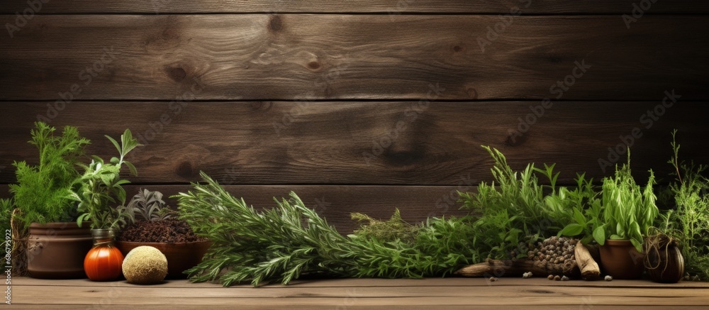 Poster medicinal herbs on wood copy space image place for adding text or design