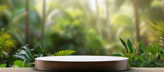 Nature garden with blurred green jungle background displaying tabletop wood counter in a tropical forest setting Copy space image Place for adding text or design