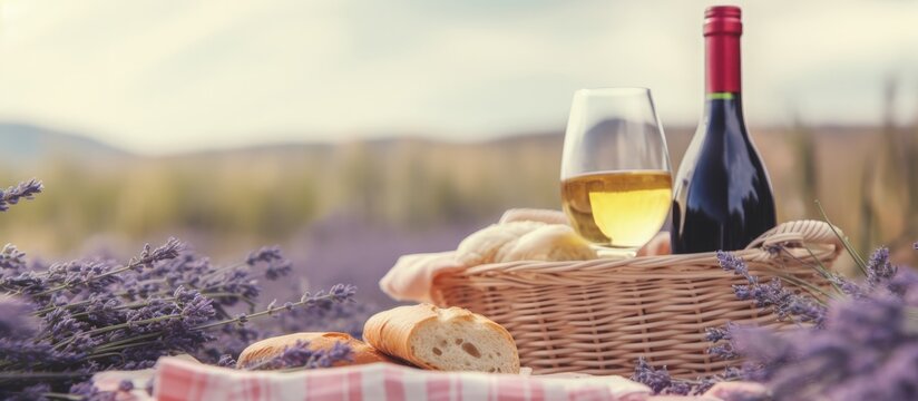 Romantic summer picnic among lavender bushes with wine snacks and flowers on a haystack Soft focus Copy space image Place for adding text or design