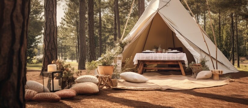 Luxury picnic in Puerto Rico s pine forest with teepee ambiance Copy space image Place for adding text or design