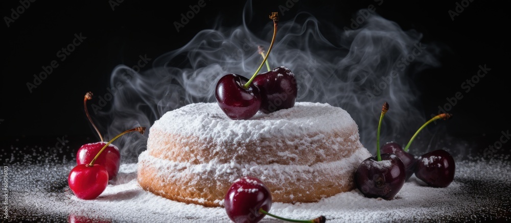Poster Homemade cooking with cherry on dark sponge cake decorated with powdered sugar Copy space image Place for adding text or design