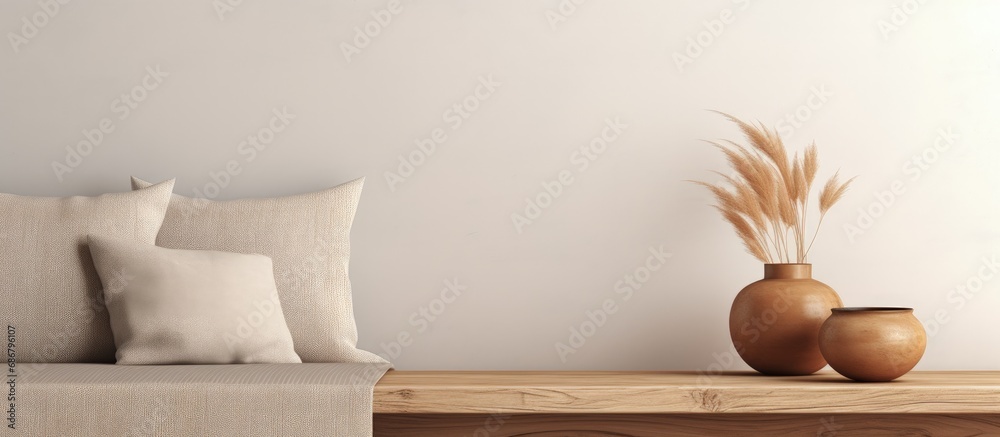 Poster minimal wooden table with accessories in a cozy minimalist living room 3d illustration copy space im