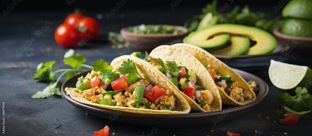 Poster Healthy vegan breakfast featuring scrambled tofu tacos with avocado tomatoes and herbs Copy space image Place for adding text or design