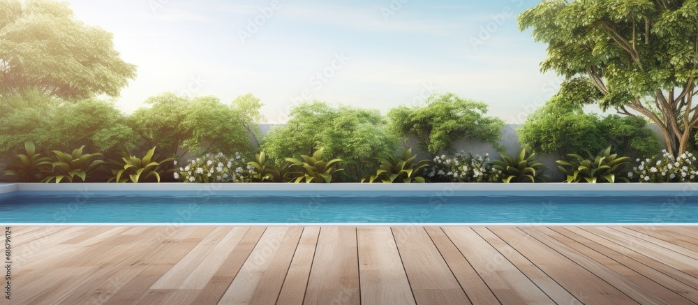 Poster Minimalistic swimming pool terrace with open wall surrounded by nature Copy space image Place for adding text or design