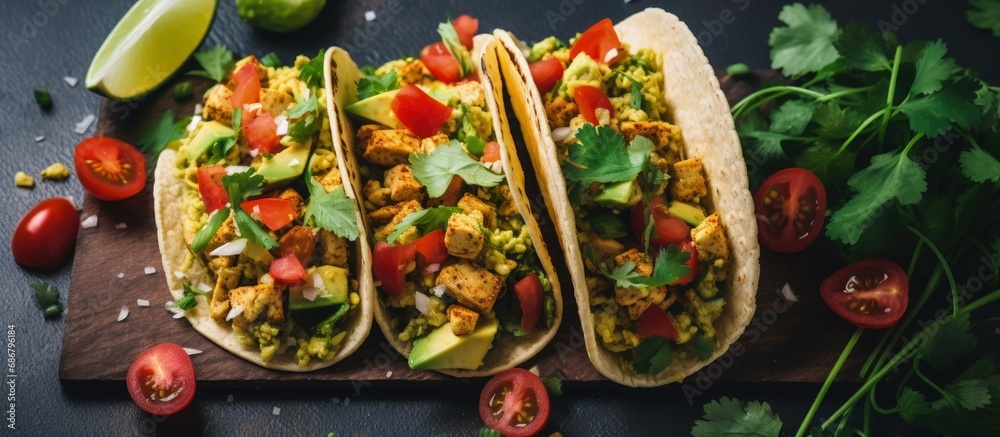 Poster Healthy vegan breakfast featuring scrambled tofu tacos with avocado tomatoes and herbs Copy space image Place for adding text or design
