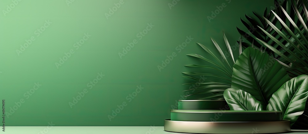 Leinwandbilder green abstract background with palm leaf shadow for cosmetic product presentation geometric backdrop