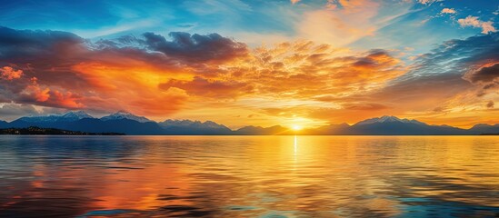 Fototapeta na wymiar Golden clouds mirror in the water during a vibrant sunset on Lake Geneva in Switzerland Copy space image Place for adding text or design