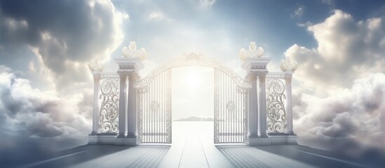 Heaven s pearly gates open contrasting bright heaven and dull foreground Copy space image Place for adding text or design - obrazy, fototapety, plakaty