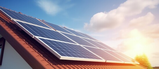 Newly constructed building with solar panels against sunny sky Copy space image Place for adding text or design