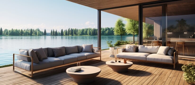 Luxurious summer house with lake view wooden terrace gray sofa and a 3D representation of a hotel interior Copy space image Place for adding text or design
