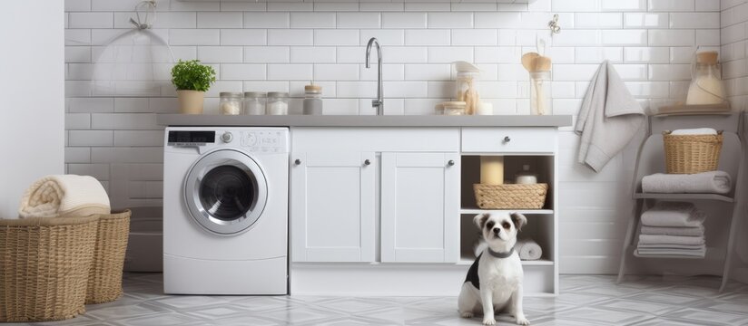 Pet wash station in renovated laundry room with white cabinets patterned tiles and chrome faucet Copy space image Place for adding text or design