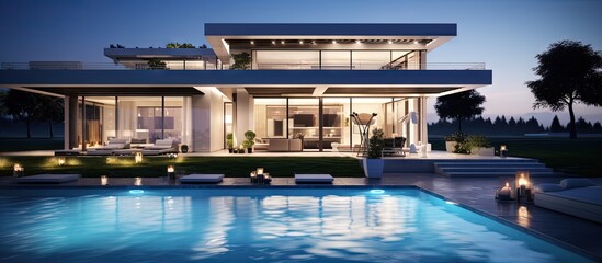 Luxury house exterior at night Copy space image Place for adding text or design - obrazy, fototapety, plakaty