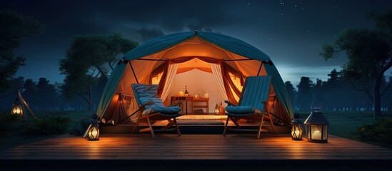 Nighttime glamping with illuminated tent and seating accentuated with nightlights Copy space image Place for adding text or design
