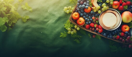 Picnic on grass with basket food and accessories photographed from above Copy space image Place for...
