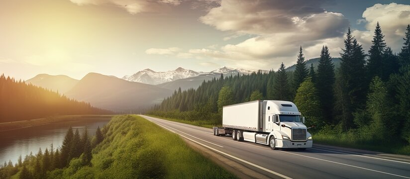 Large white semi truck carrying cargo in a trailer driving on a winding highway with a fence and forest in Columbia Gorge Copy space image Place for adding text or design