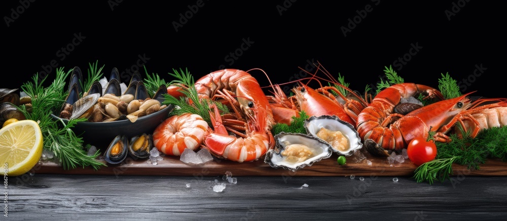 Poster luxurious seafood plate with fresh shrimps oysters mussels langoustines octopus lemon herbs on woode