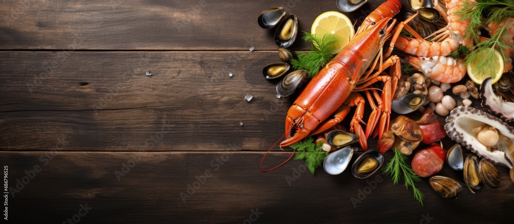 Poster luxurious seafood plate with fresh shrimps oysters mussels langoustines octopus lemon herbs on woode