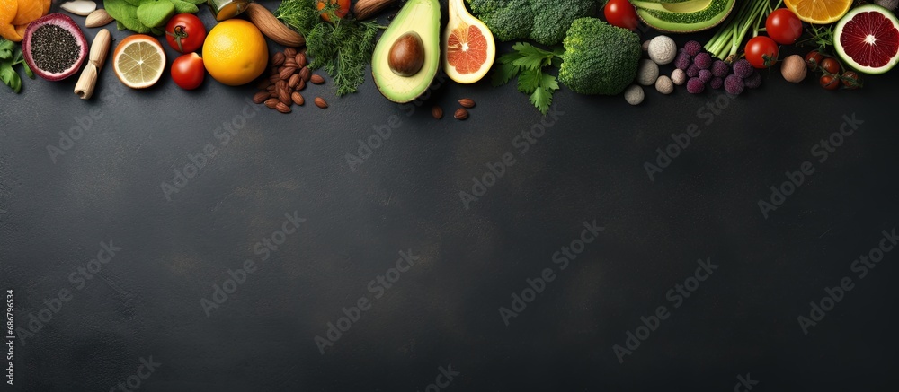 Poster Healthy and balanced organic food ingredients for cooking viewed from above on a dark stone table Copy space image Place for adding text or design