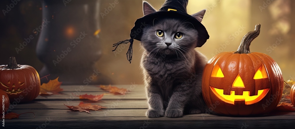 Poster Gray cat in witch costume surrounded by bats Copy space image Place for adding text or design