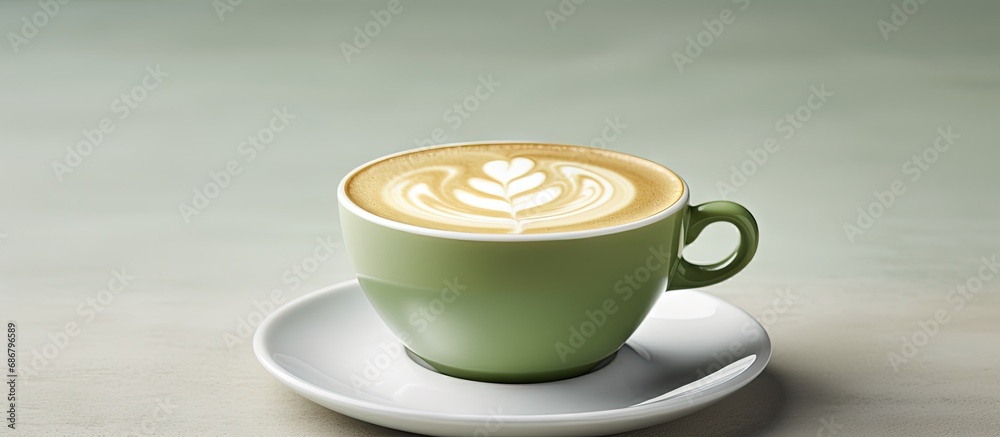 Aufkleber Latte art in a green cup isolated on white background Copy space image Place for adding text or design