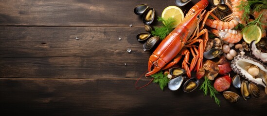 Luxurious seafood plate with fresh shrimps oysters mussels langoustines octopus lemon herbs on wooden boards Copy space image Place for adding text or design