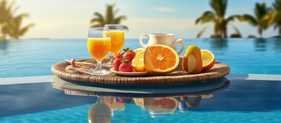 Fototapeta na wymiar Luxury tropical resort offers floating breakfast in calm pool water and tropical couple beach luxury lifestyle Copy space image Place for adding text or design