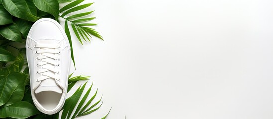 Minimalistic white women s leather sneakers with a tropical leaf sun shade on a white background seen from above Stylish sports shoes made of genuine leather Copy space image Place for adding t - Powered by Adobe